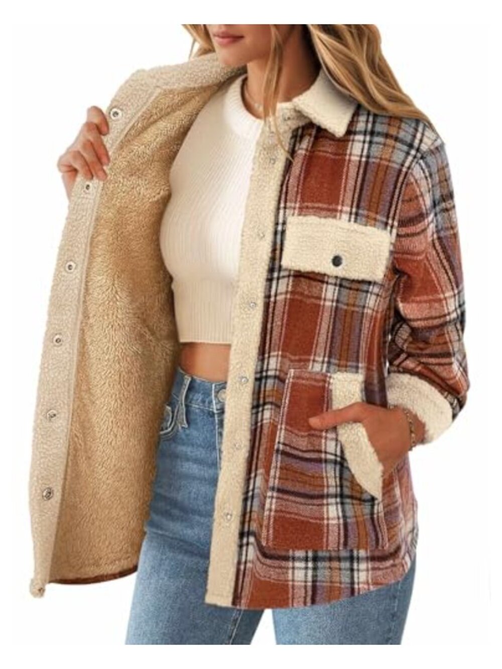 Womens Fleece Lined Flannel Shacket Plaid Snap Button Jacket